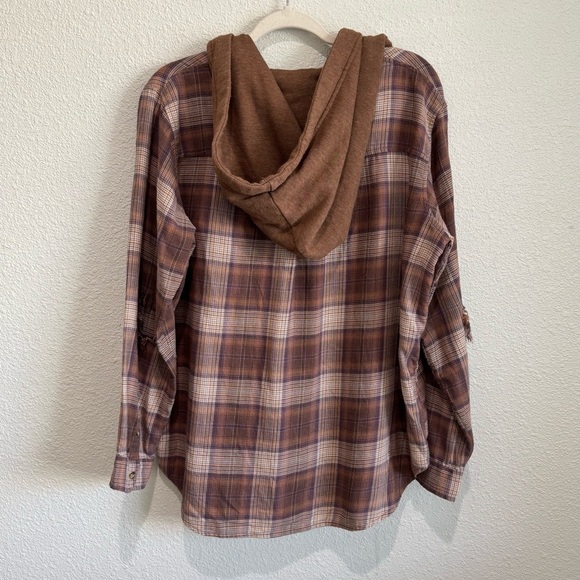 American Eagle Womens Medium Button Down Plaid Brown Shacket Distressed Fall - Picture 8 of 9